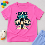God Dey My Back Christian kids shirt in pink featuring a child illustration and bold Nigerian Pidgin faith message
