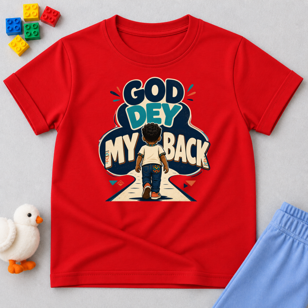 God Dey My Back Christian kids shirt in red featuring a child illustration and bold Nigerian Pidgin faith message

