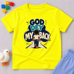 God Dey My Back Christian kids shirt in yellow featuring a child illustration and bold Nigerian Pidgin faith message
