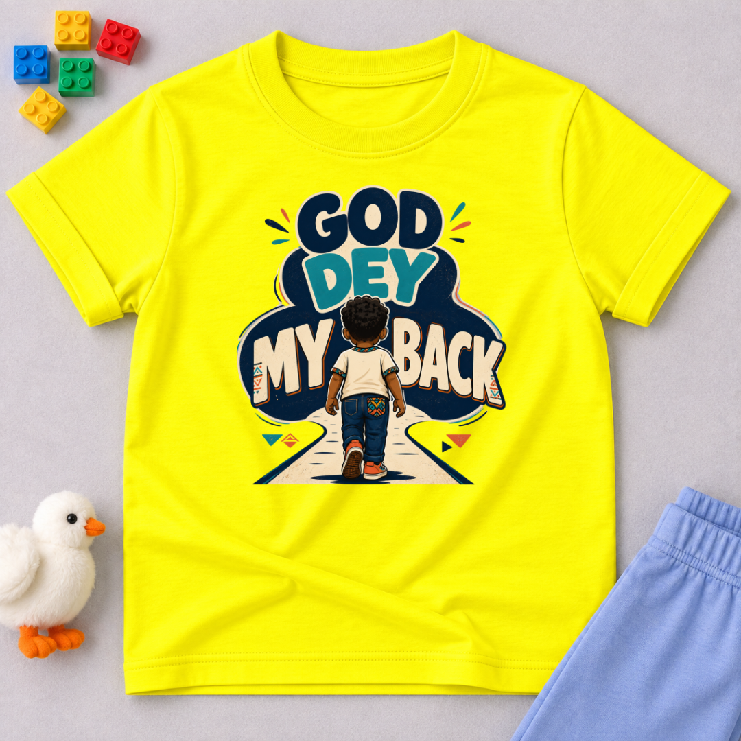 God Dey My Back Christian kids shirt in yellow featuring a child illustration and bold Nigerian Pidgin faith message
