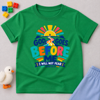 God Goes Before Me Christian kids shirt in green featuring a colourful road, sunrise, and faith message
