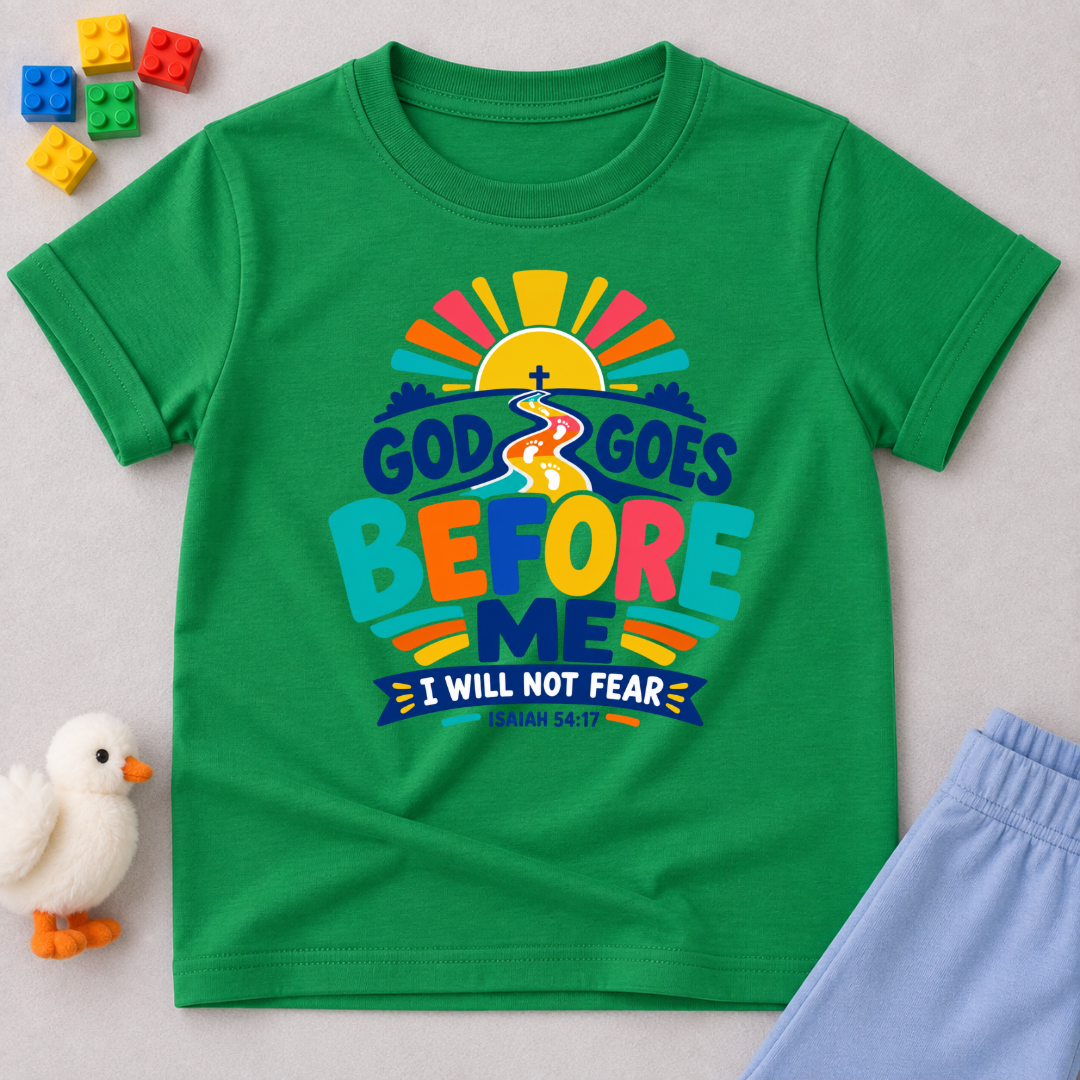God Goes Before Me Christian kids shirt in green featuring a colourful road, sunrise, and faith message
