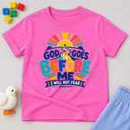 God Goes Before Me Christian kids shirt in pink featuring a colourful road, sunrise, and faith message
