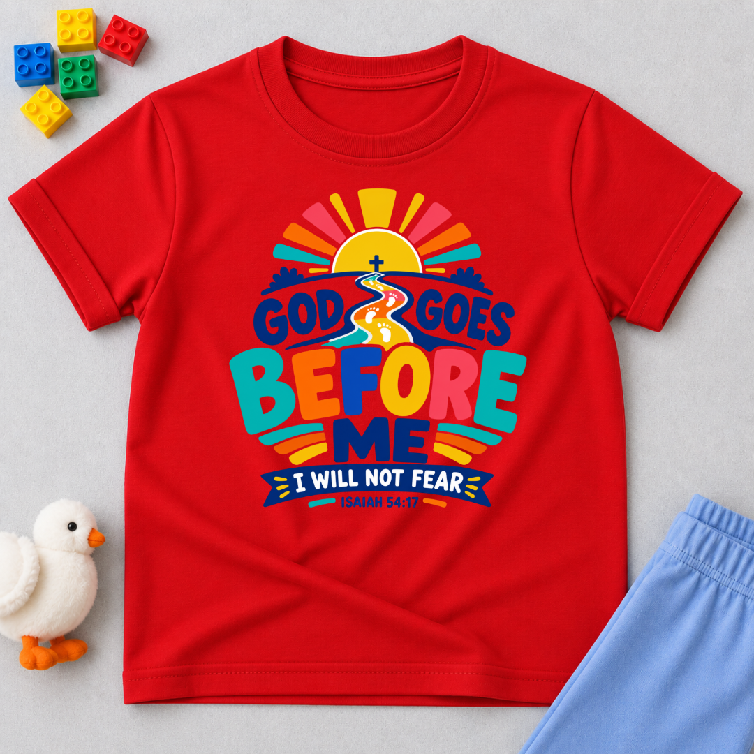 God Goes Before Me Christian kids shirt in red featuring a colourful road, sunrise, and faith message
