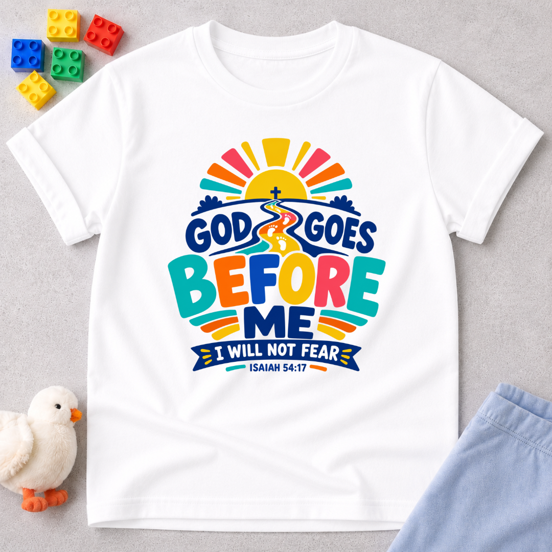 God Goes Before Me Christian kids shirt in white featuring a colourful road, sunrise, and faith message

