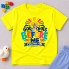 God Goes Before Me Christian kids shirt in yellow featuring a colourful road, sunrise, and faith message
