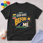 God Goes Before Me Christian kids shirt in black featuring a road, direction signs, and Psalm 23:5
