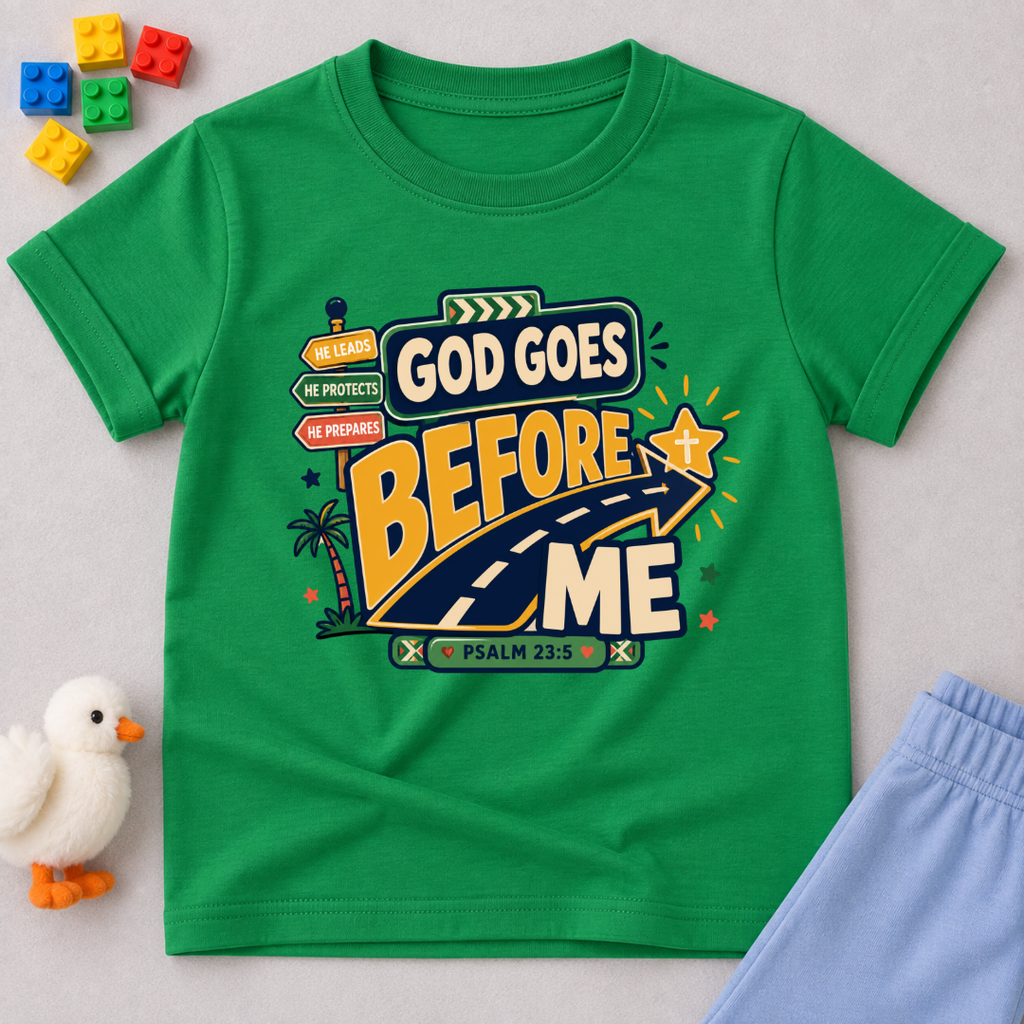 God Goes Before Me Christian kids shirt in green featuring a road, direction signs, and Psalm 23:5
