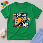 God Goes Before Me Christian kids shirt in green featuring a road, direction signs, and Psalm 23:5
