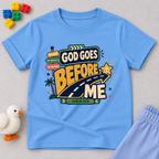 God Goes Before Me Christian kids shirt in light blue featuring a road, direction signs, and Psalm 23:5
