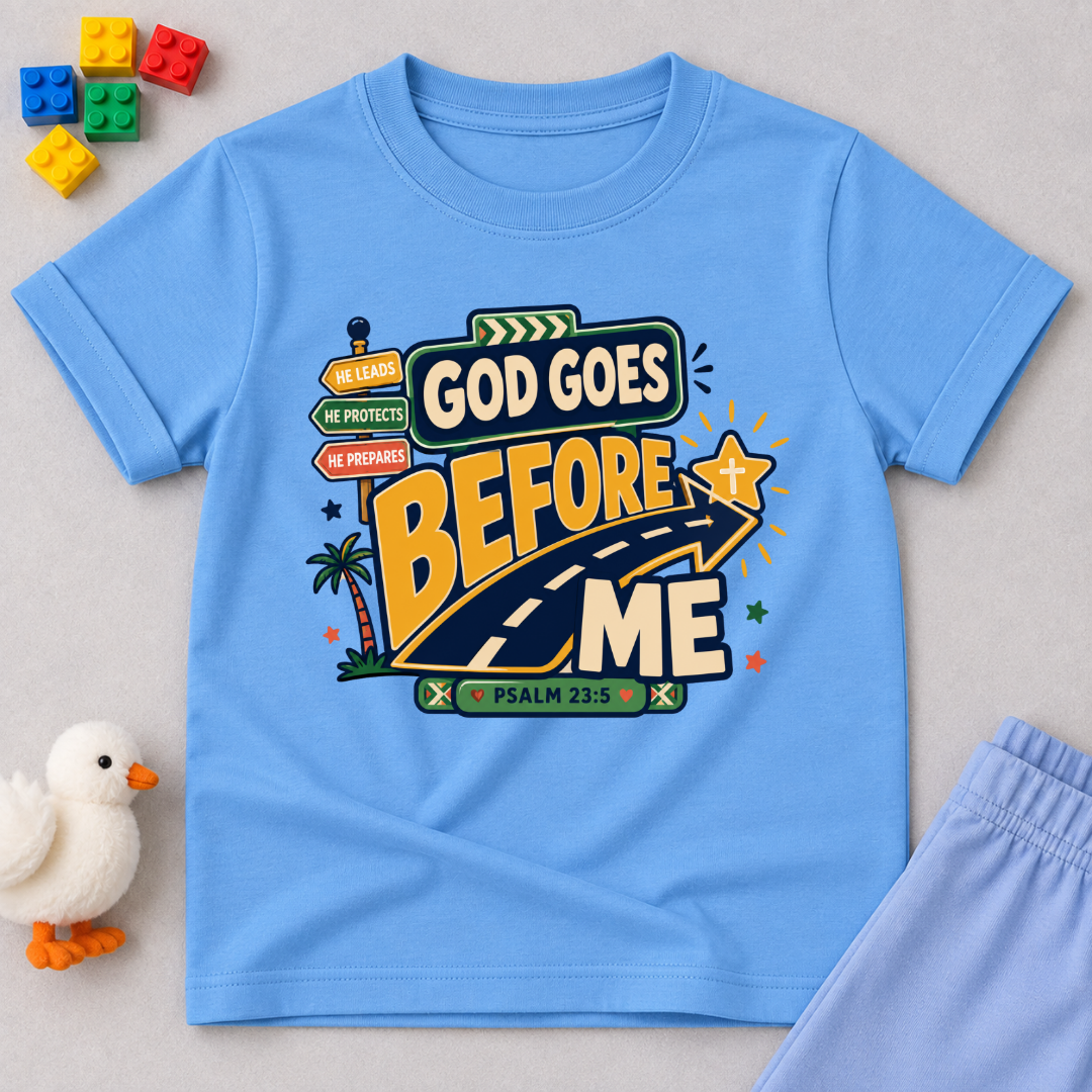 God Goes Before Me Christian kids shirt in light blue featuring a road, direction signs, and Psalm 23:5

