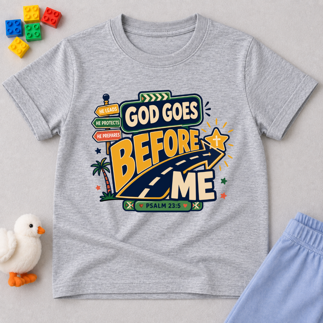 God Goes Before Me Christian kids shirt in light grey featuring a road, direction signs, and Psalm 23:5
