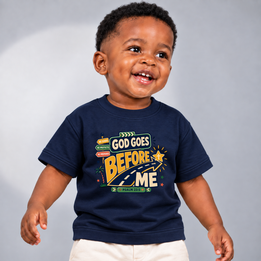 God Goes Before Me Christian kids shirt in navy blue featuring a road, direction signs, and Psalm 23:5
