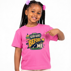 God Goes Before Me Christian kids shirt in pink featuring a road, direction signs, and Psalm 23:5

