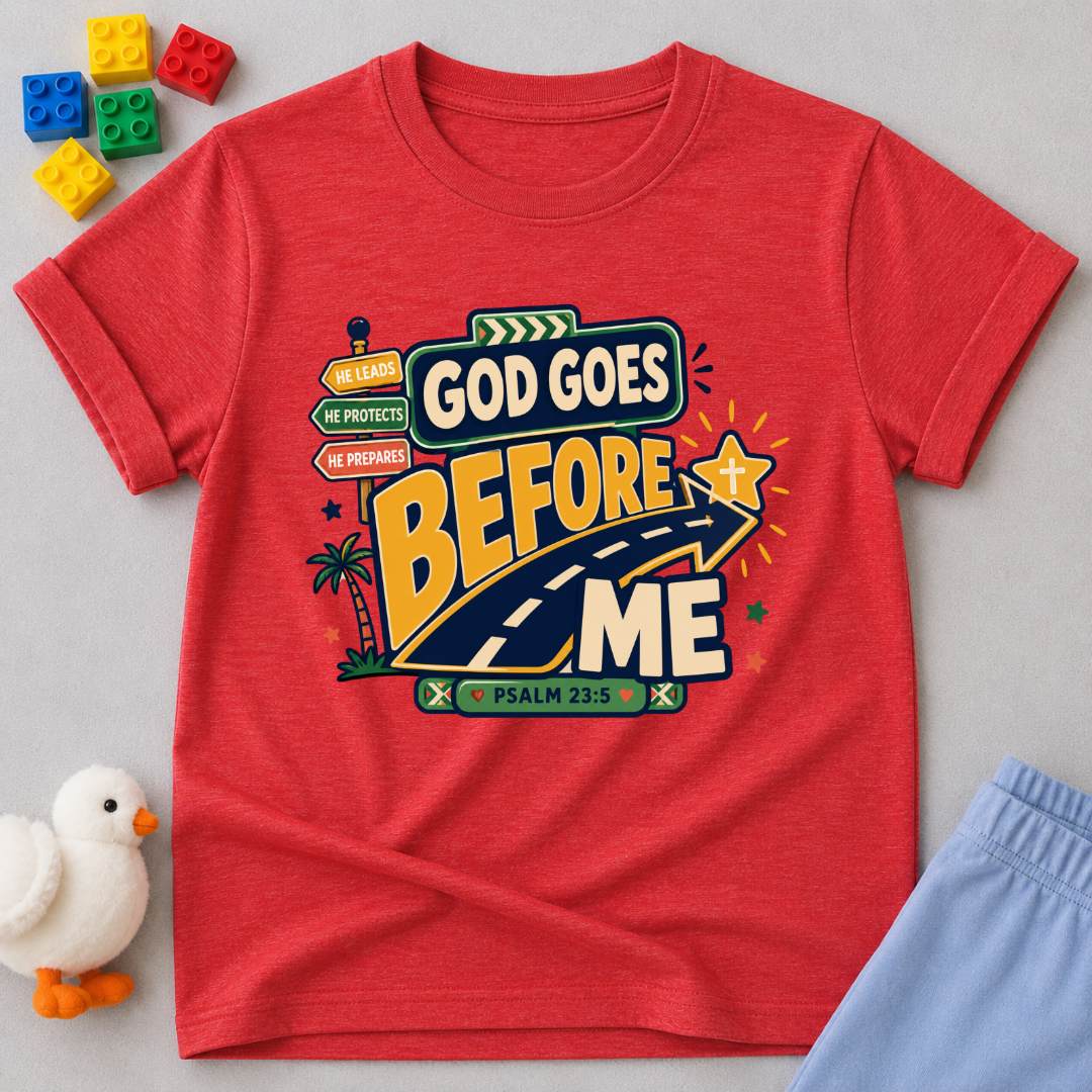 God Goes Before Me Christian kids shirt in red featuring a road, direction signs, and Psalm 23:5
