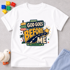 God Goes Before Me Christian kids shirt in white featuring a road, direction signs, and Psalm 23:5
