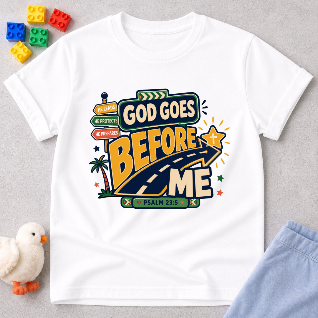 God Goes Before Me Christian kids shirt in white featuring a road, direction signs, and Psalm 23:5
