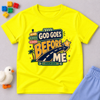 God Goes Before Me Christian kids shirt in yellow featuring a road, direction signs, and Psalm 23:5

