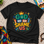 God No Go Shame Us Christian kids shirt in black featuring bold colourful lettering and radiant faith-inspired artwork
