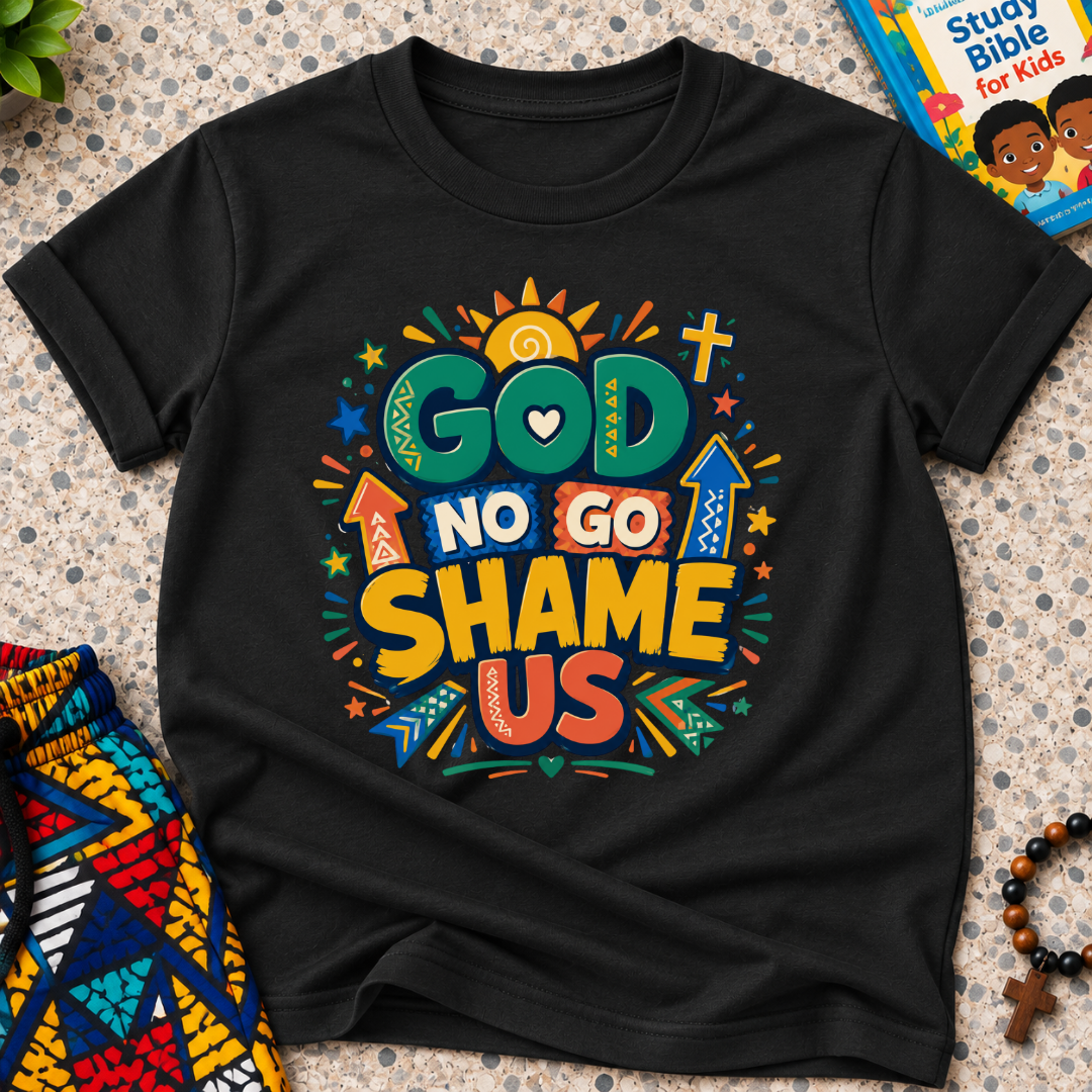 God No Go Shame Us Christian kids shirt in black featuring bold colourful lettering and radiant faith-inspired artwork
