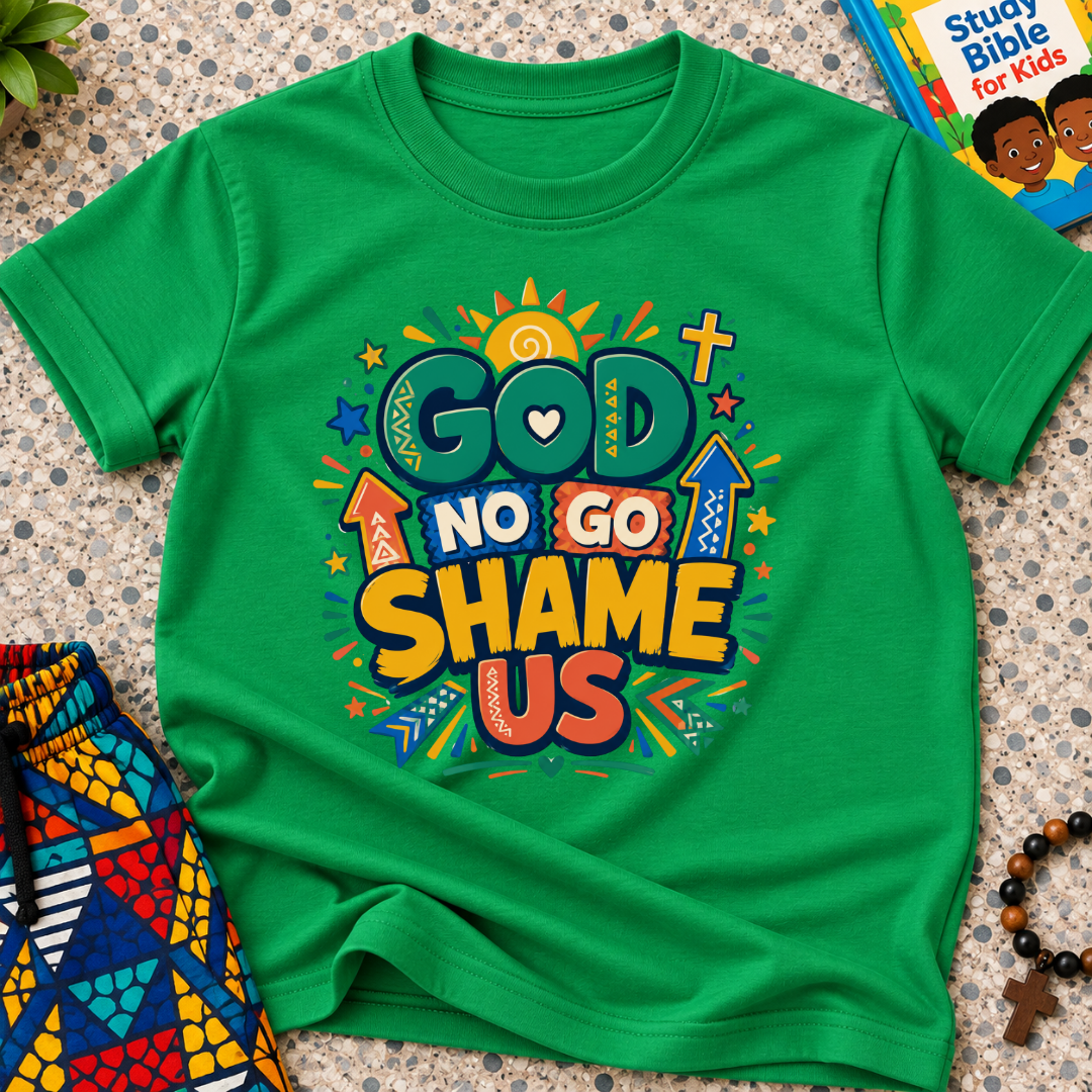 God No Go Shame Us Christian kids shirt in green featuring bold colourful lettering and radiant faith-inspired artwork
