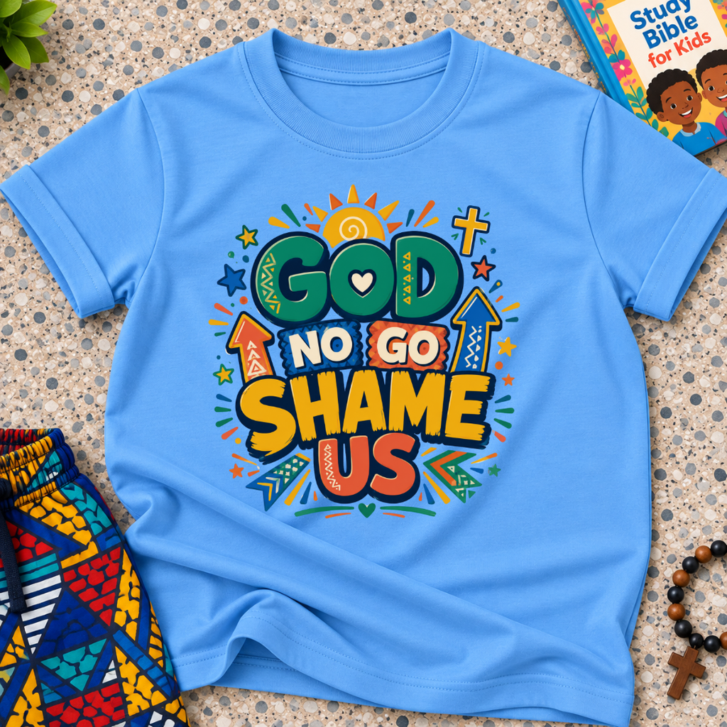 God No Go Shame Us Christian kids shirt in light blue featuring bold colourful lettering and radiant faith-inspired artwork
