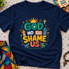 God No Go Shame Us Christian kids shirt in navy blue featuring bold colourful lettering and radiant faith-inspired artwork

