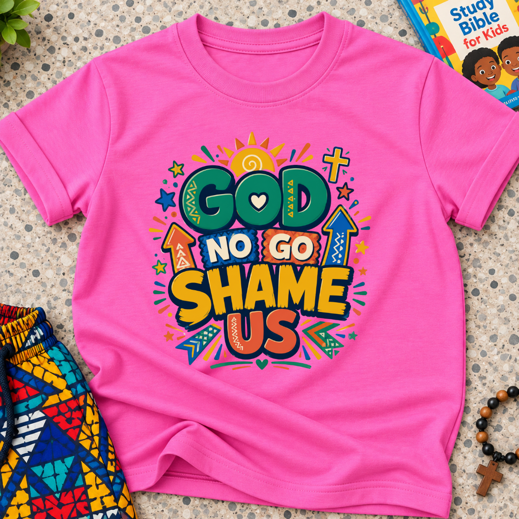 God No Go Shame Us Christian kids shirt in pink featuring bold colourful lettering and radiant faith-inspired artwork
