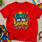 God No Go Shame Us Christian kids shirt in red featuring bold colourful lettering and radiant faith-inspired artwork
