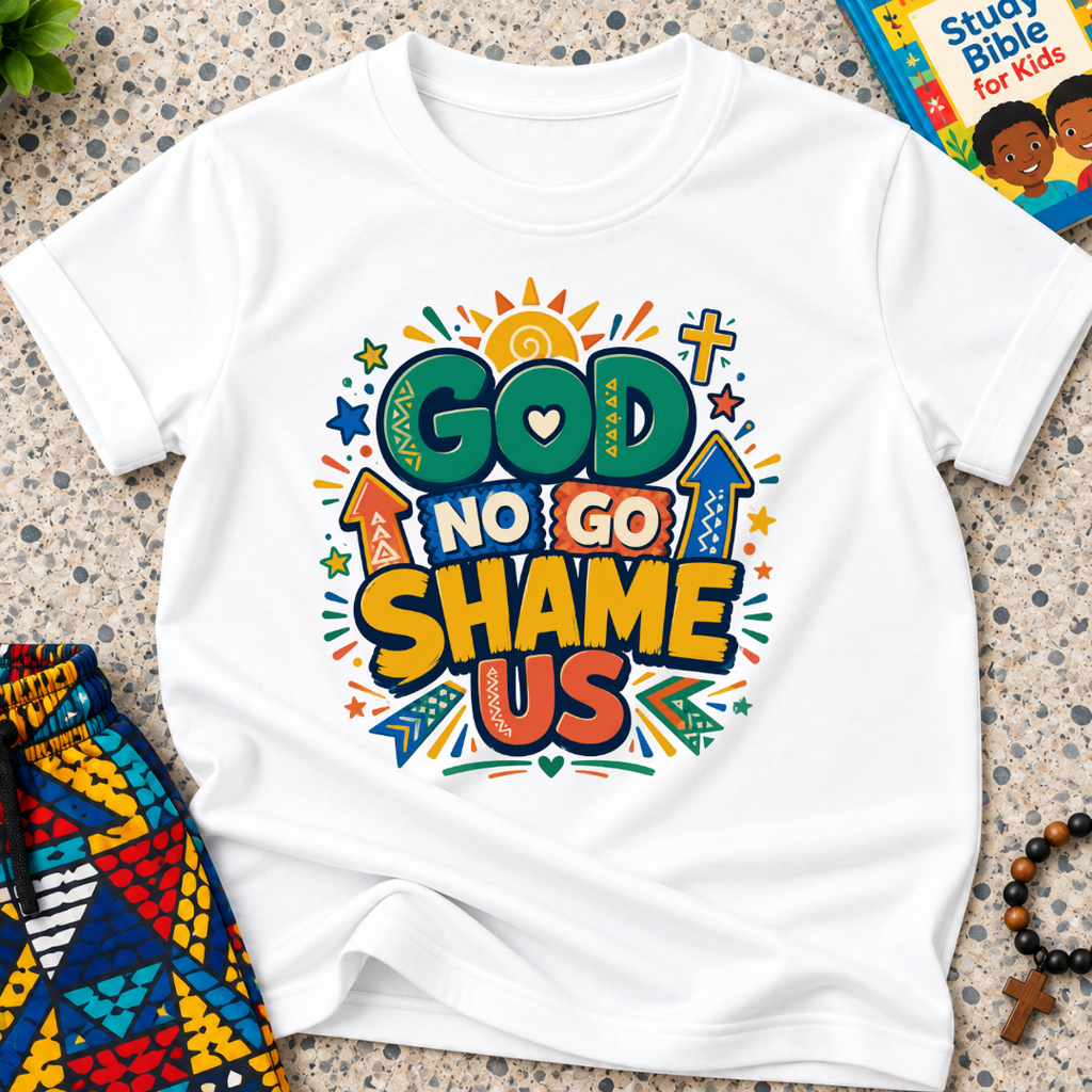 God No Go Shame Us Christian kids shirt in white featuring bold colourful lettering and radiant faith-inspired artwork
