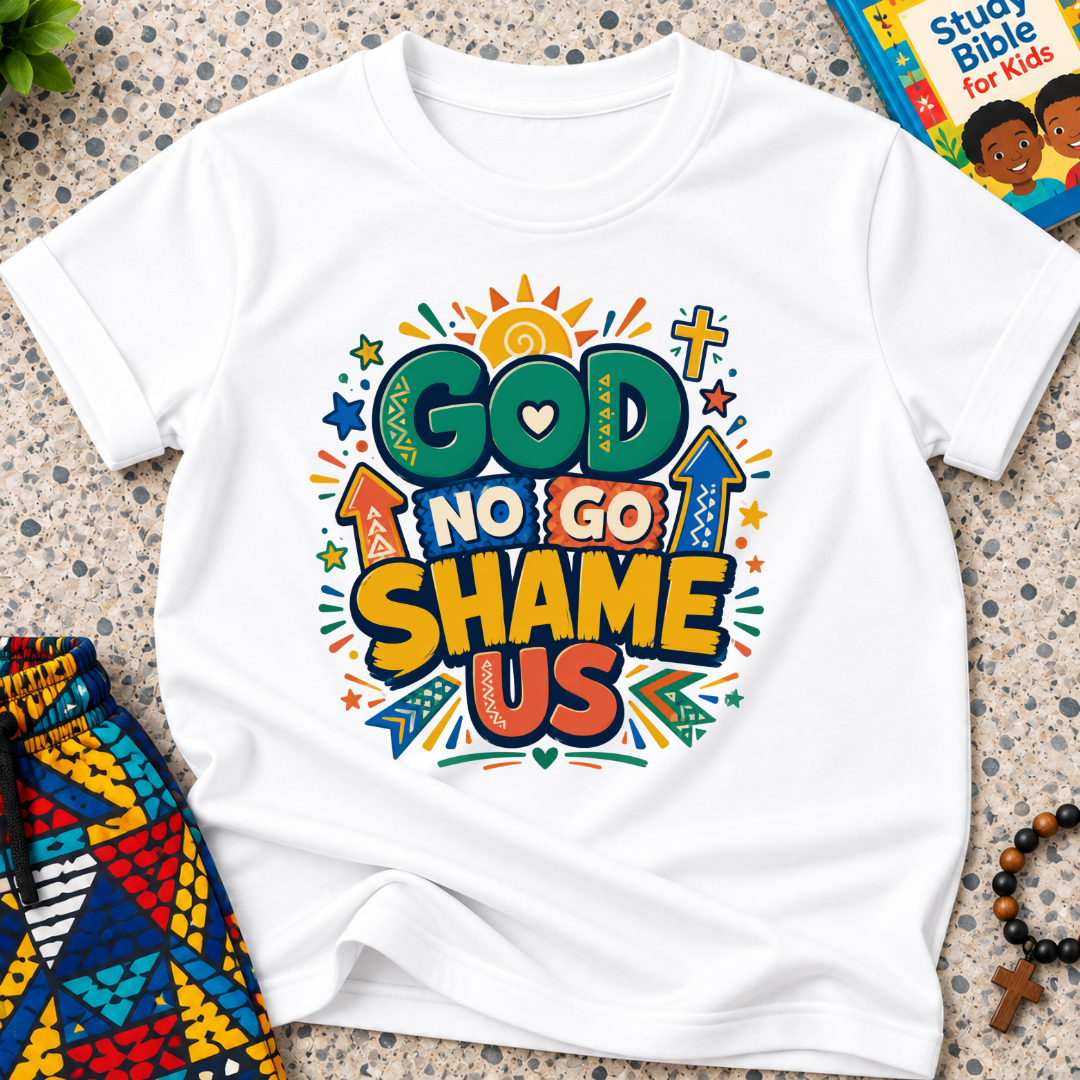 God No Go Shame Us Christian kids shirt in white featuring bold colourful lettering and radiant faith-inspired artwork
