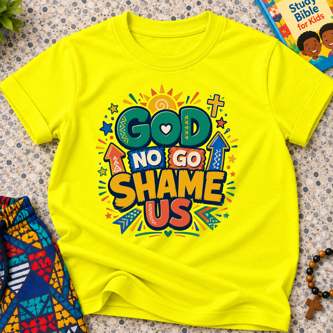 God No Go Shame Us Christian kids shirt in yellow featuring bold colourful lettering and radiant faith-inspired artwork
