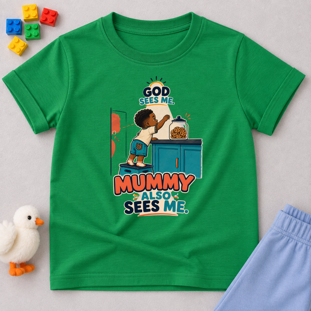 God Sees Me Mummy Also Sees Me Christian kids shirt in green featuring a child illustration and playful parenting message
