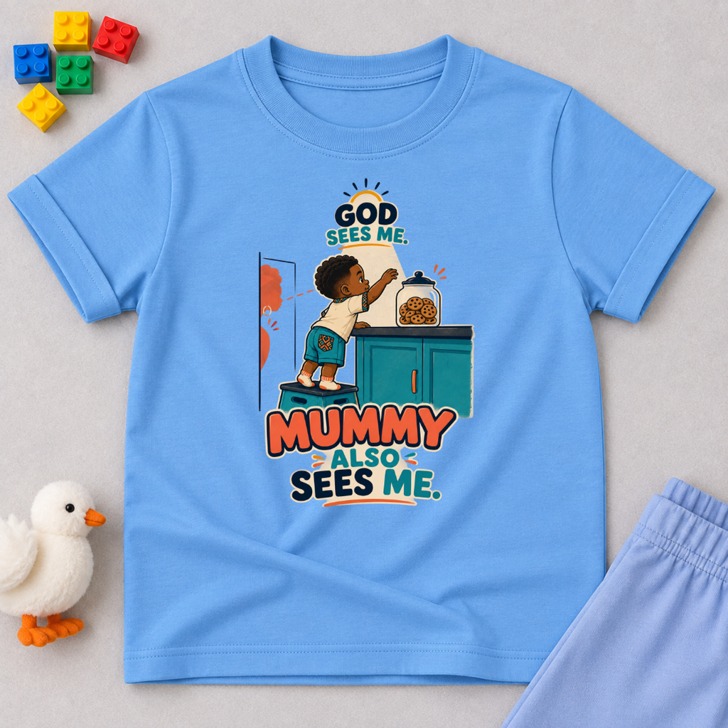 God Sees Me Mummy Also Sees Me Christian kids shirt in light blue featuring a child illustration and playful parenting message
