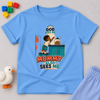 God Sees Me Mummy Also Sees Me Christian kids shirt in light blue featuring a child illustration and playful parenting message
