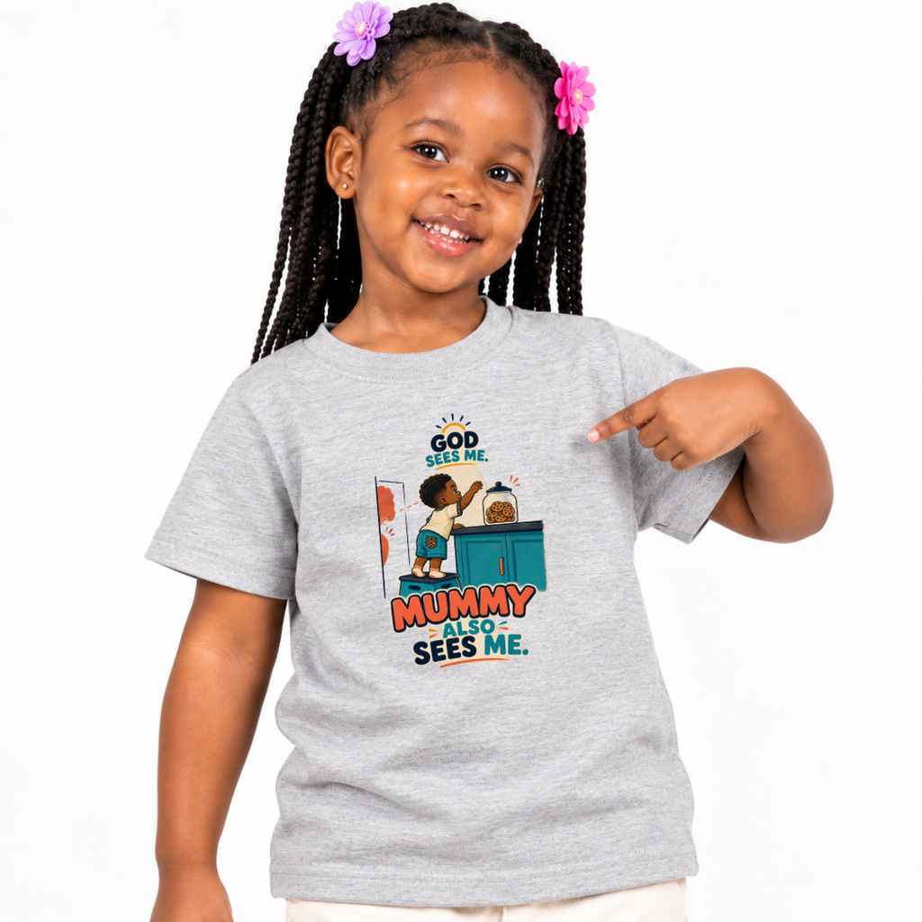 God Sees Me Mummy Also Sees Me Christian kids shirt in light grey featuring a child illustration and playful parenting message
