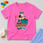 God Sees Me Mummy Also Sees Me Christian kids shirt in pink featuring a child illustration and playful parenting message
