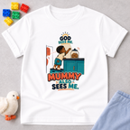 God Sees Me Mummy Also Sees Me Christian kids shirt in white featuring a child illustration and playful parenting message
