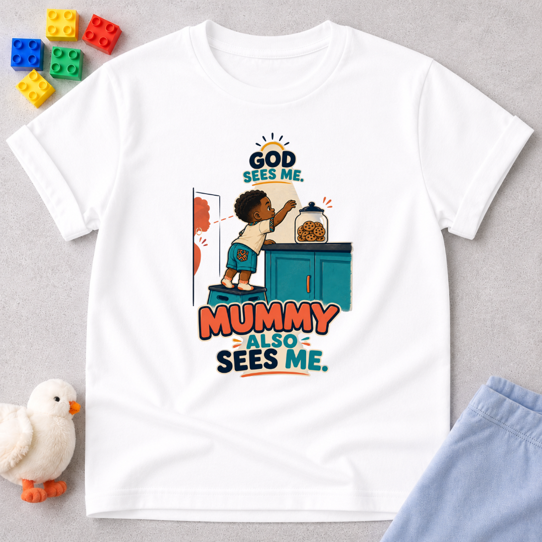 God Sees Me Mummy Also Sees Me Christian kids shirt in white featuring a child illustration and playful parenting message
