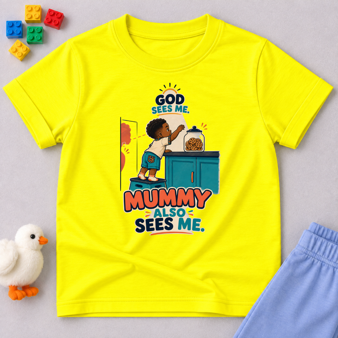 God Sees Me Mummy Also Sees Me Christian kids shirt in yellow featuring a child illustration and playful parenting message
