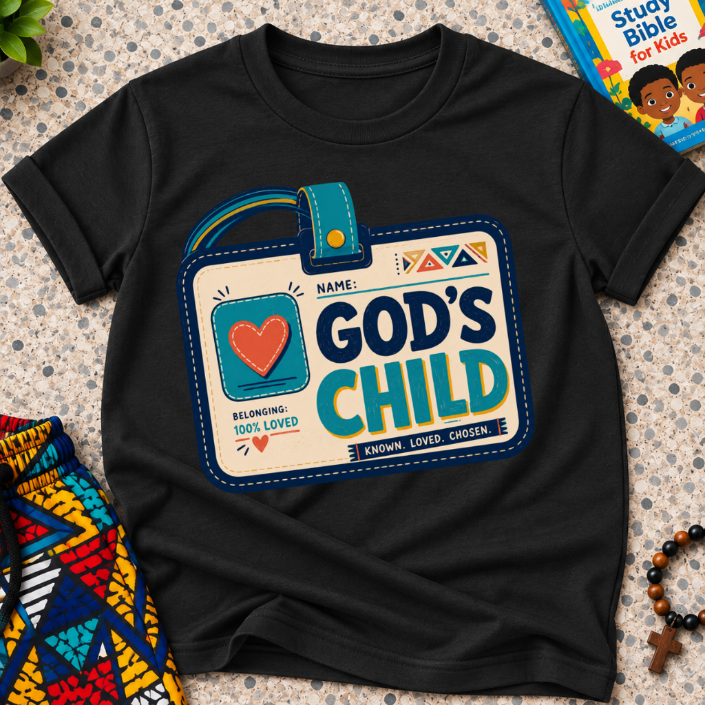 God's Child Christian kids shirt in black featuring a colourful travel case design and faith-inspired details
