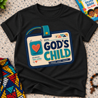 God's Child Christian kids shirt in black featuring a colourful travel case design and faith-inspired details
