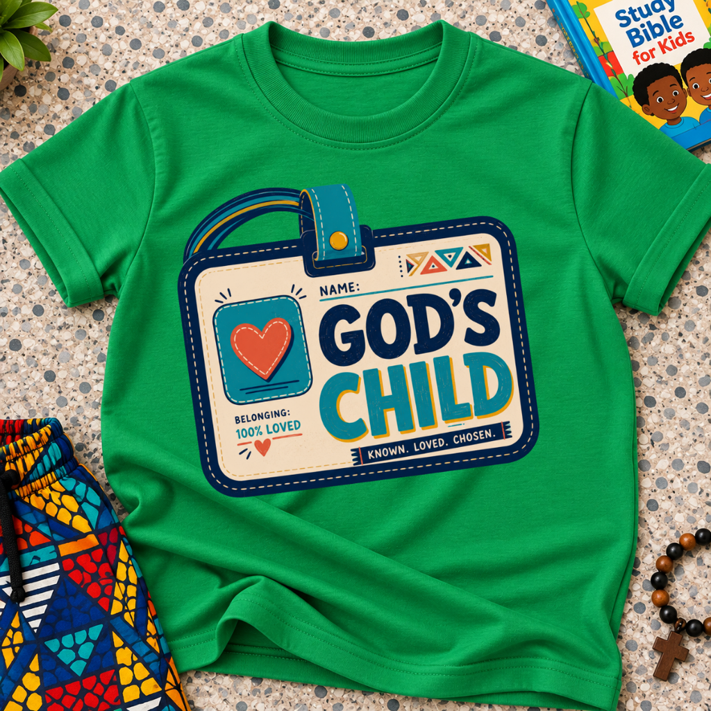 God's Child Christian kids shirt in green featuring a colourful travel case design and faith-inspired details

