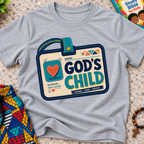 God's Child Christian kids shirt in light grey featuring a colourful travel case design and faith-inspired details

