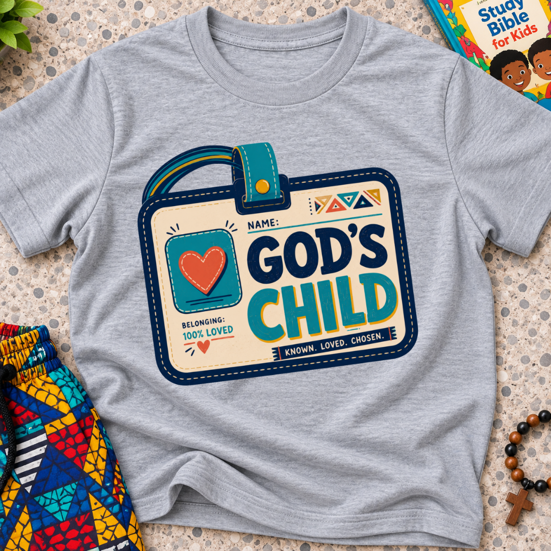 God's Child Christian kids shirt in light grey featuring a colourful travel case design and faith-inspired details
