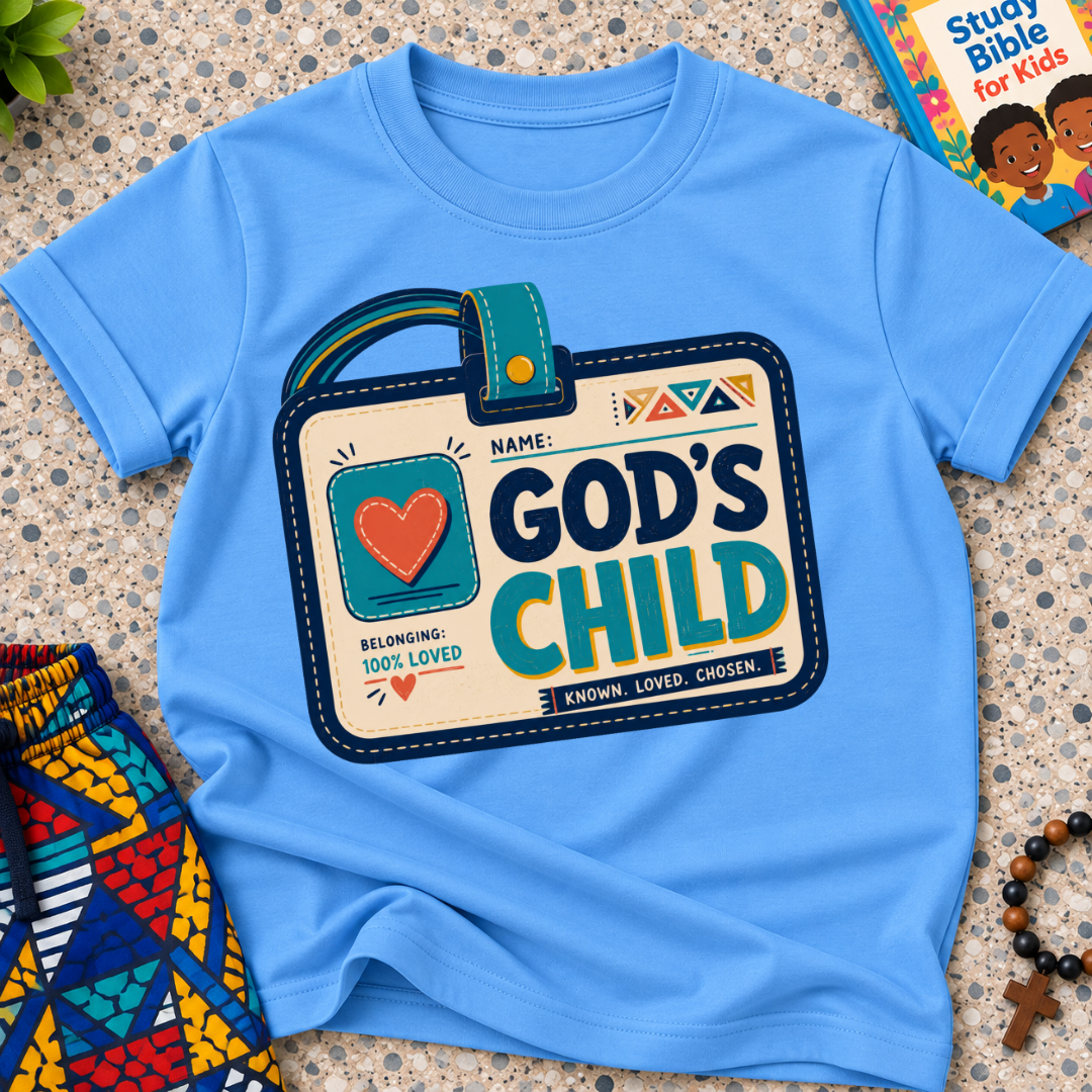 God's Child Christian kids shirt in light blue featuring a colourful travel case design and faith-inspired details
