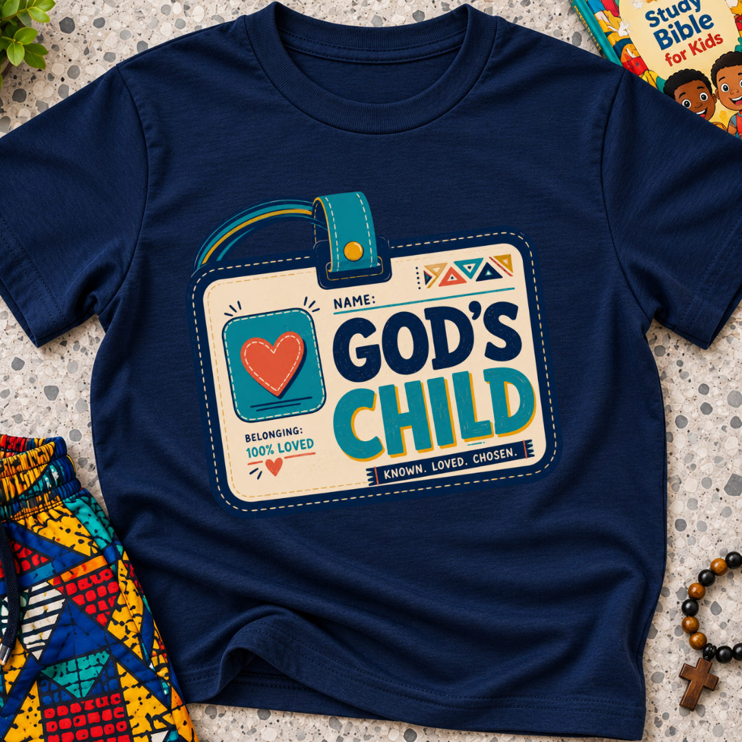 God's Child Christian kids shirt in navy blue featuring a colourful travel case design and faith-inspired details

