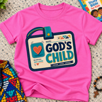 God's Child Christian kids shirt in pink featuring a colourful travel case design and faith-inspired details
