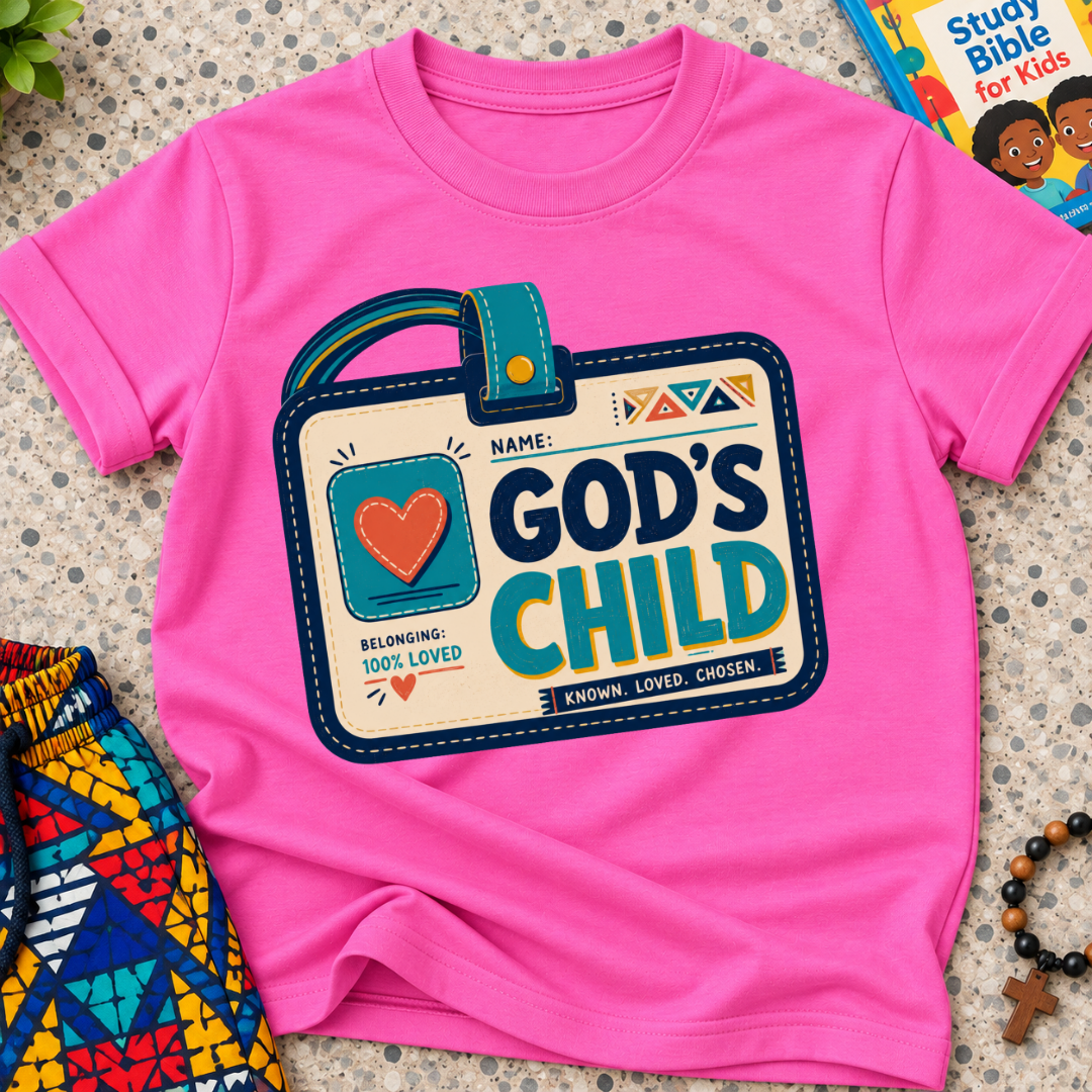 God's Child Christian kids shirt in pink featuring a colourful travel case design and faith-inspired details
