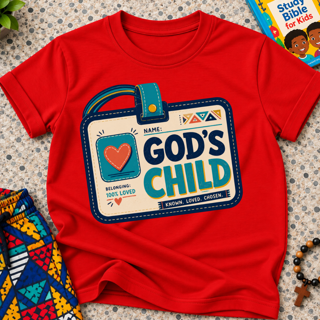 God's Child Christian kids shirt in red featuring a colourful travel case design and faith-inspired details
